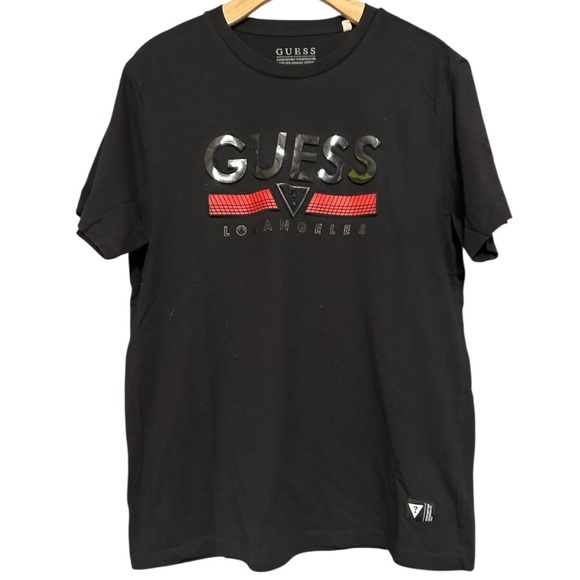 Guess Los Angeles Men’s Size L Black Red Raised Logo Eco Koda Crewneck T-Shirt - Picture 1 of 6